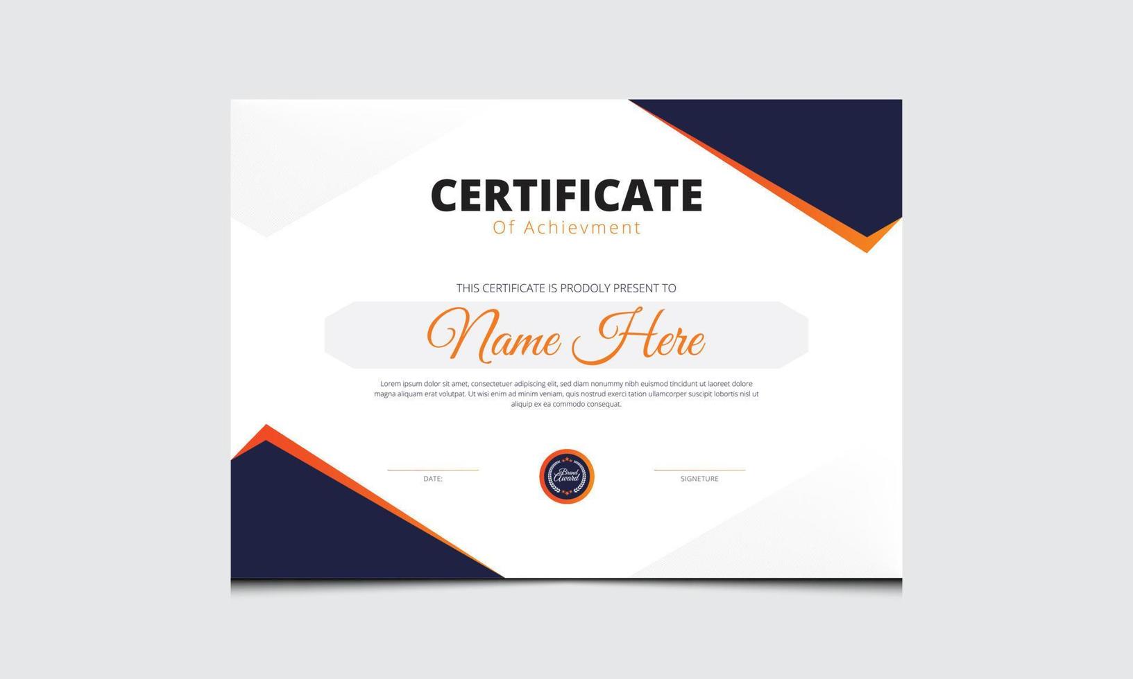 modello di certificato, vettore, solido, certificato di apprezzamento miglior set di diplomi. blu navy, arancione, bianco nero colori, stampa, mockup vettore