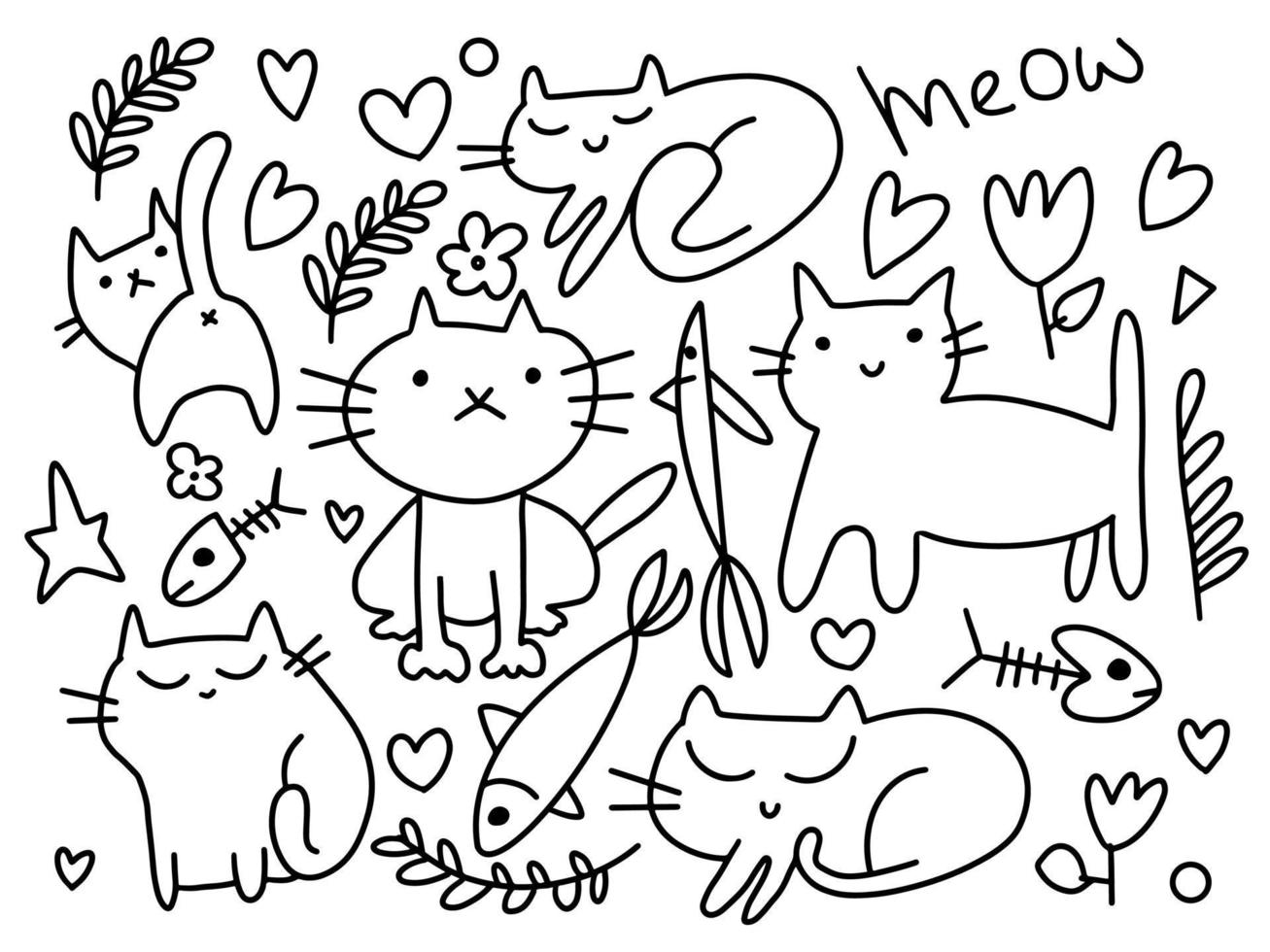 insieme vettoriale di gatti ed elementi di doodle. gatti divertenti disegnati a mano. animali illustrazione vettoriale con adorabili gattini.