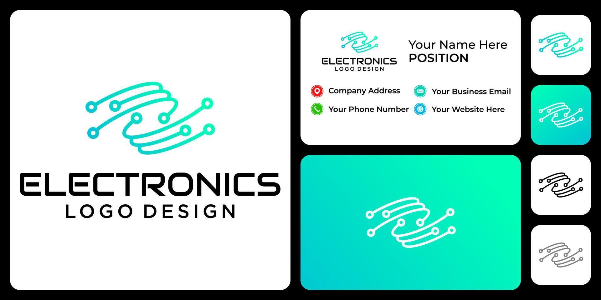 design del logo di elettronica con modello di biglietto da visita. vettore
