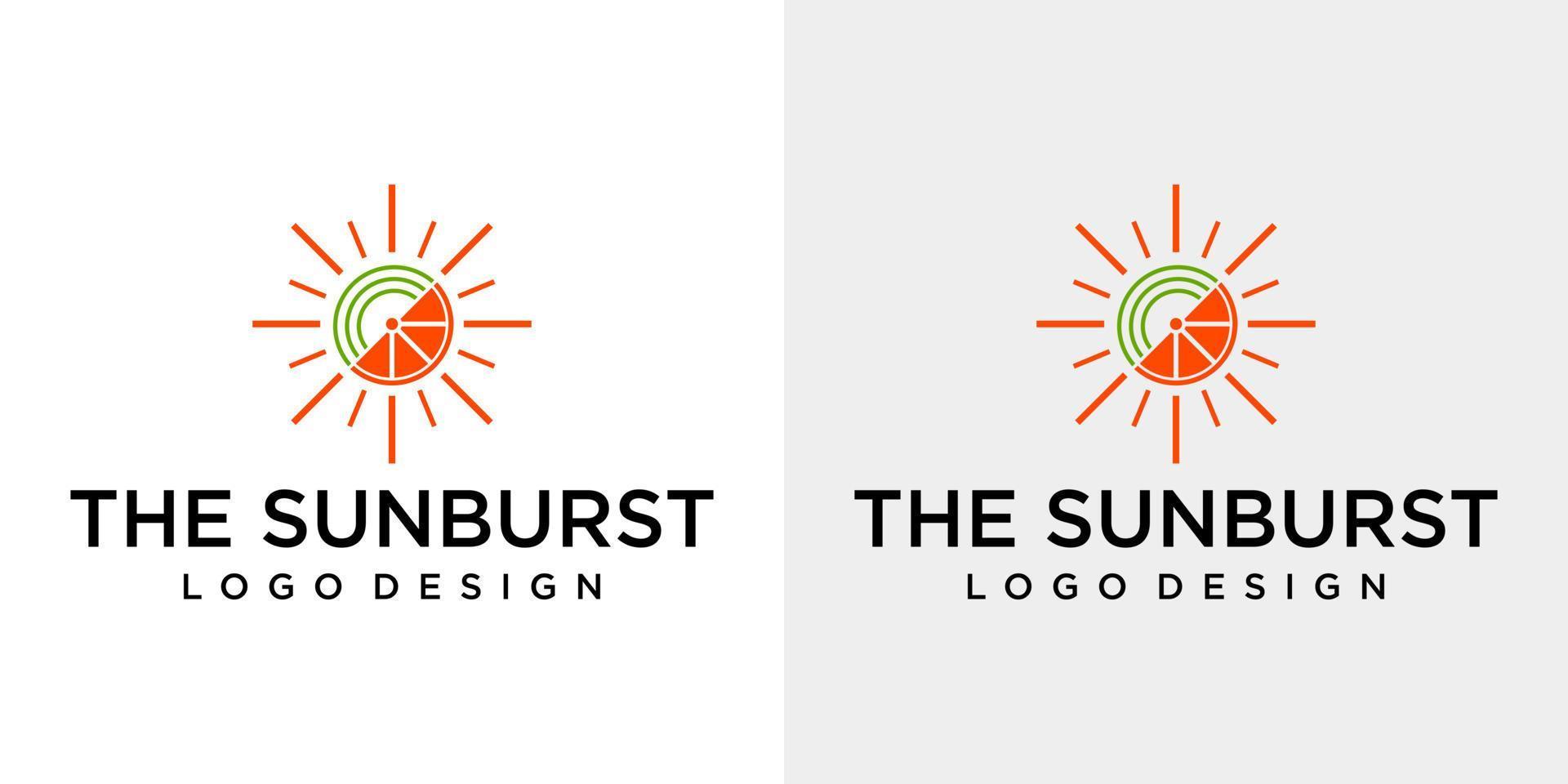 design del logo sunburst con sfondo bianco e grigio. vettore