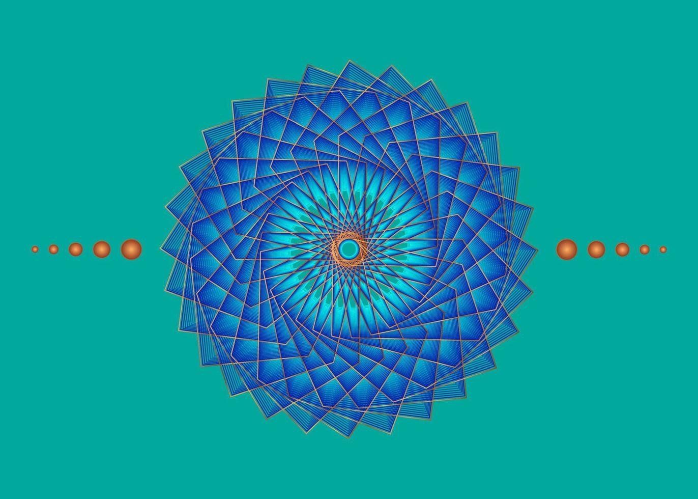mandala della geometria sacra, icona del cerchio meditativo oro fiore blu, design del logo geometrico, ruota religiosa mistica, concetto di chakra indiano, illustrazione vettoriale isolata su sfondo vintage