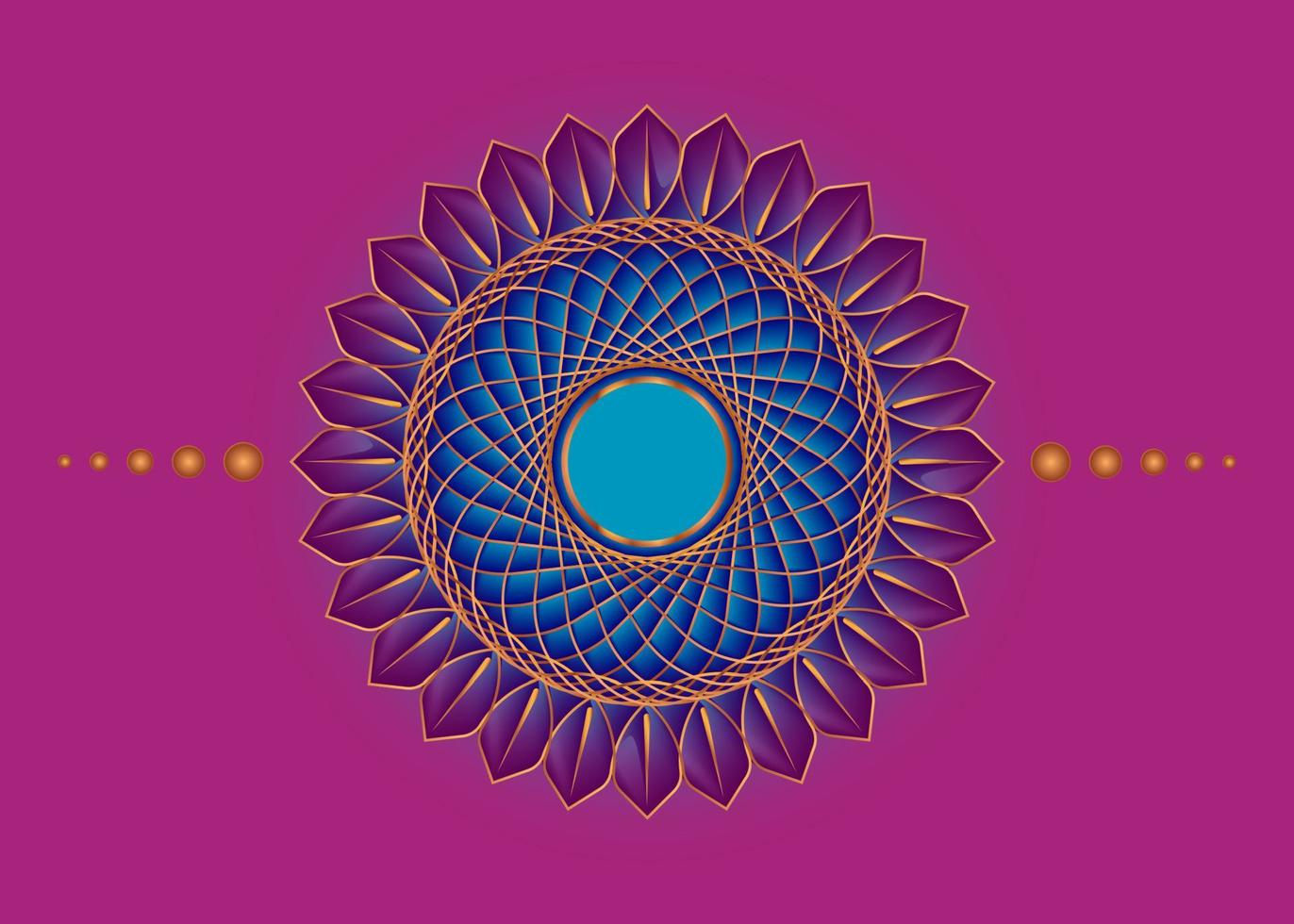 mandala della geometria sacra, icona del cerchio meditativo oro fiore blu, logo geometrico, ruota religiosa mistica, concetto di chakra indiano, illustrazione vettoriale isolata su sfondo viola