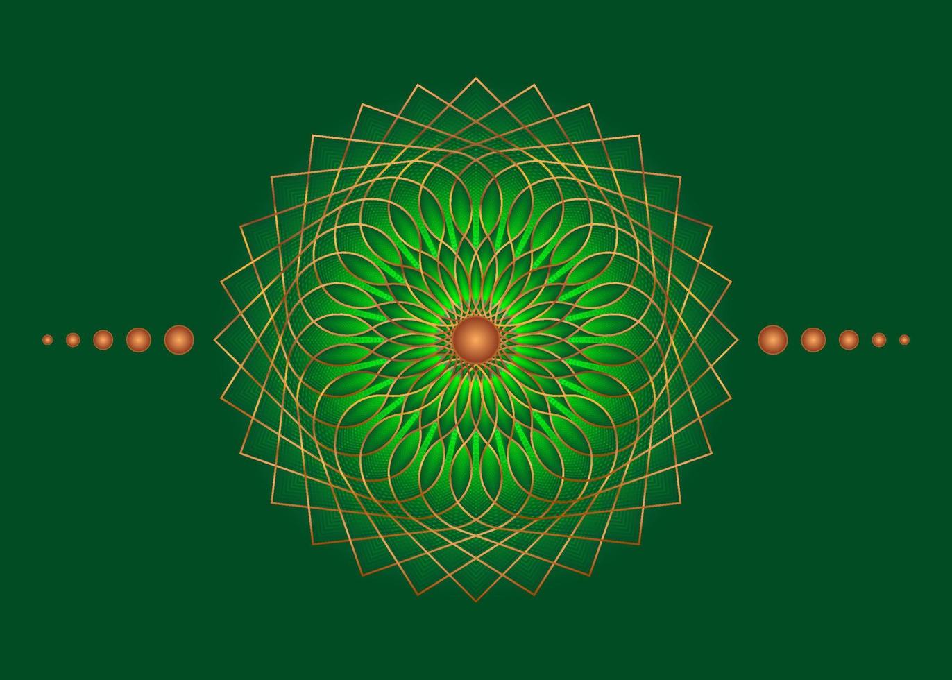 mandala della geometria sacra, icona del cerchio meditativo oro fiore verde, design del logo geometrico, ruota religiosa mistica, concetto del quarto chakra indiano, illustrazione vettoriale isolata su sfondo verde