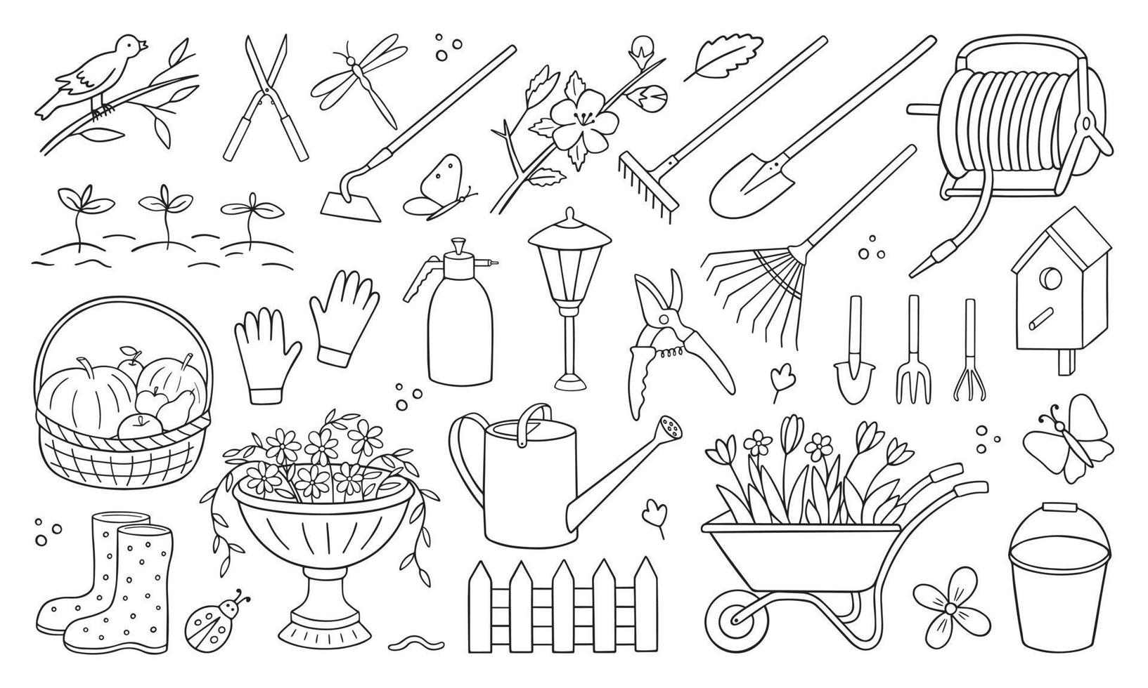 insieme disegnato a mano di doodle di giardinaggio. attrezzi da giardino, agricoltura, attrezzature in stile schizzo. illustrazione vettoriale isolato su sfondo bianco.