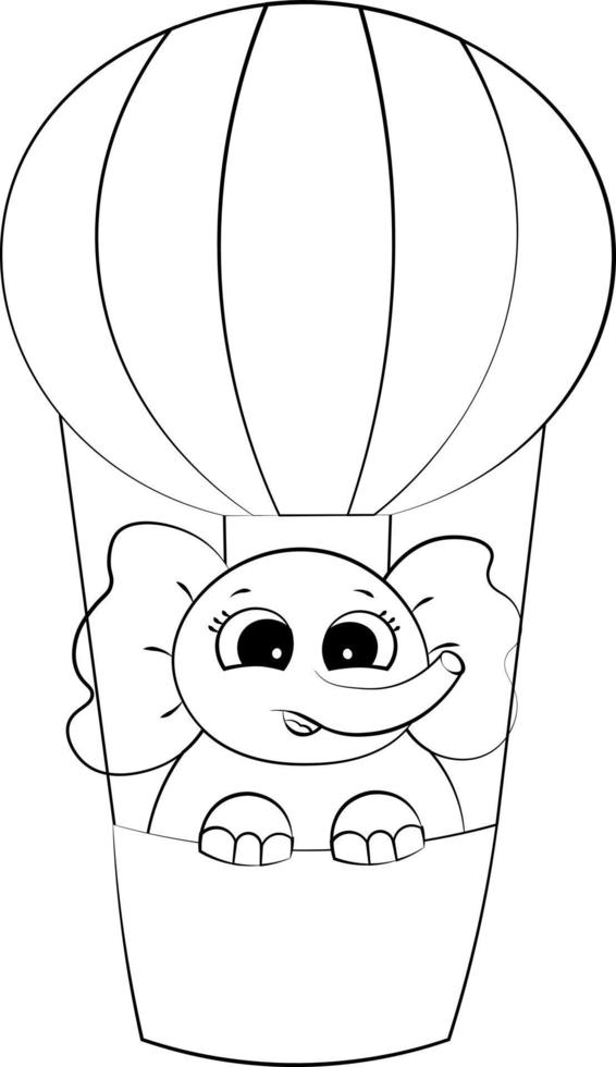 simpatico cartone animato elefante in una mongolfiera. disegna l'illustrazione in bianco e nero vettore