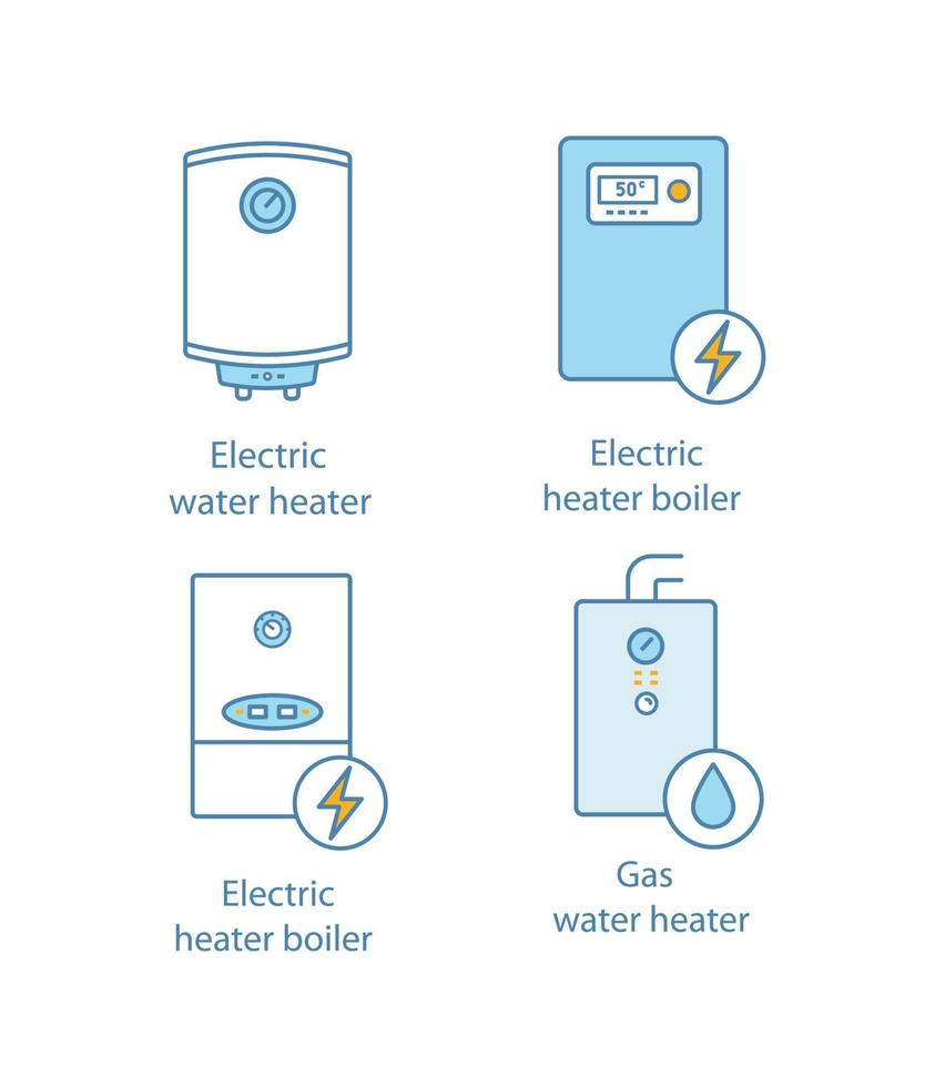 set di icone del colore del riscaldamento. impianto di riscaldamento centralizzato. boiler elettrici ea gas e caldaie per riscaldamento. illustrazioni vettoriali isolate