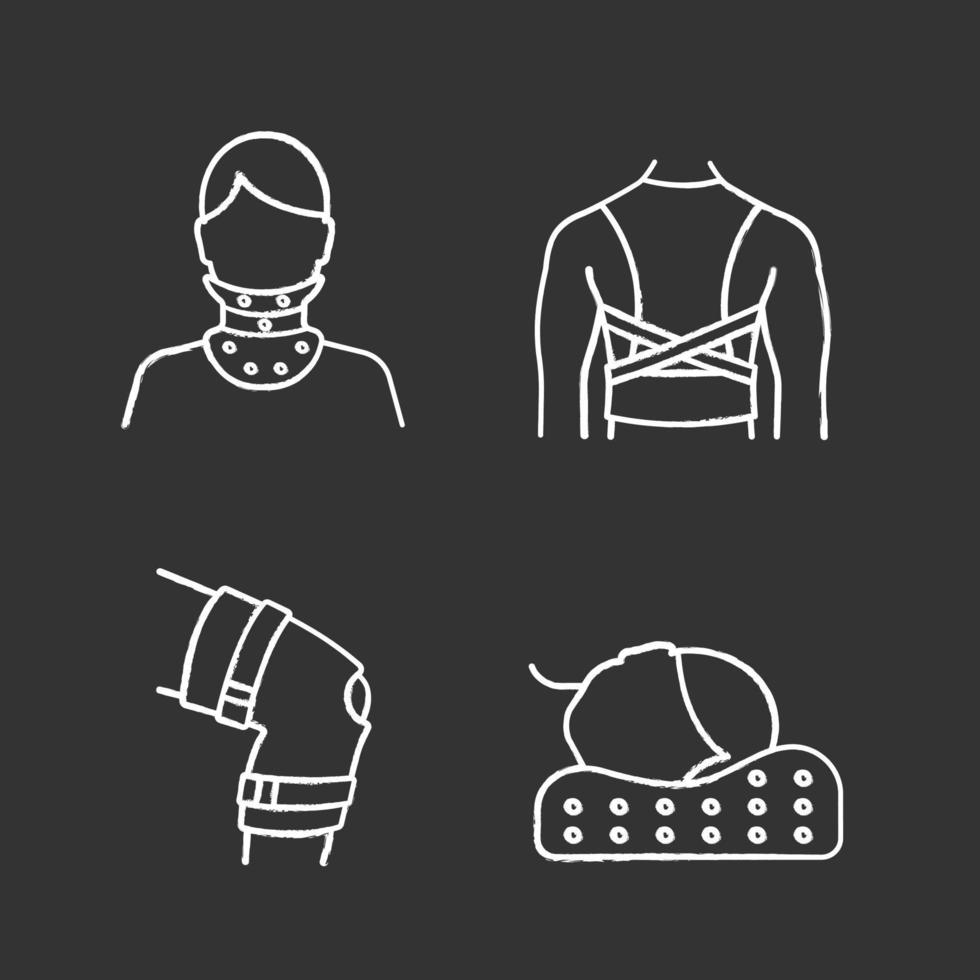 set di icone di gesso per il trattamento del trauma. collare cervicale, correttore posturale, ginocchiera, cuscino ortopedico. illustrazioni di lavagna vettoriali isolate