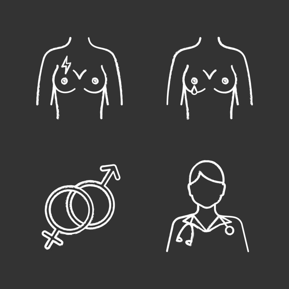 set di icone di gesso di ginecologia. dolore al seno, secrezione dal capezzolo, simbolo di eterosessualità, ginecologo. illustrazioni di lavagna vettoriali isolate
