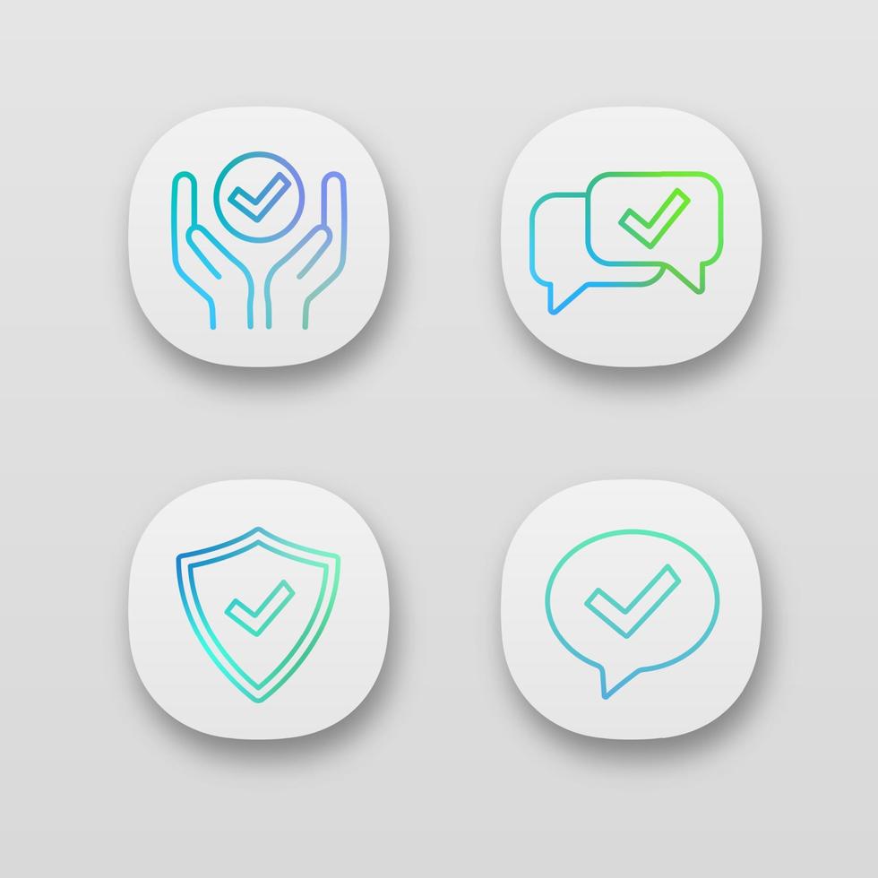 approva il set di icone delle app. verifica e validazione. servizio di qualità, chat approvata, finestra di dialogo di conferma, scudo con segno di spunta. interfaccia utente ui ux. illustrazioni vettoriali isolate