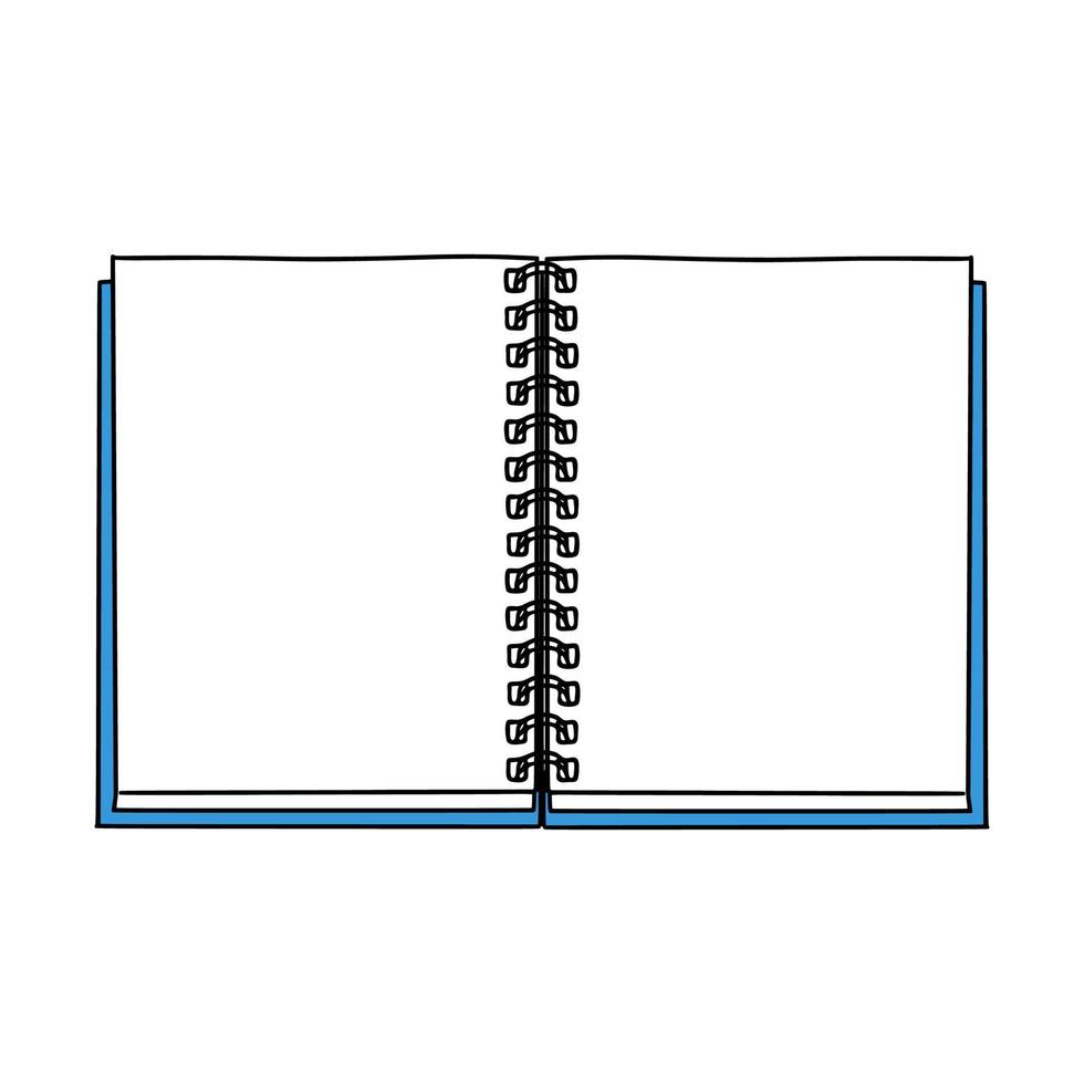 aprire il blocco note su una spirale in stile doodle. spazio per il tuo testo. forniture per ufficio per appunti o disegni. un elemento di design per la scuola, lo studio, gli hobby. vettore di colore. disegnato a mano, isolato su un bianco.