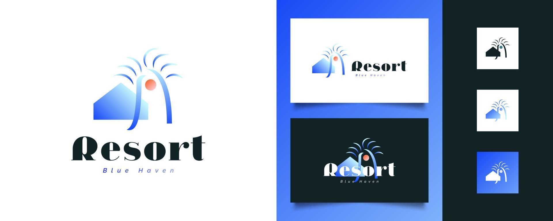 design del logo del resort moderno e minimalista. illustrazione della casa blu e delle palme con il sole per l'identità del logo aziendale del turismo, dell'hotel o del resort vettore