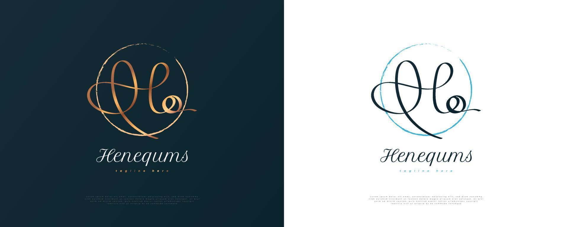 design del logo della firma iniziale hq con stile di scrittura a mano dorato. design iniziale del logo h e q per l'identità del marchio di matrimoni, moda, gioielli, boutique e aziende vettore