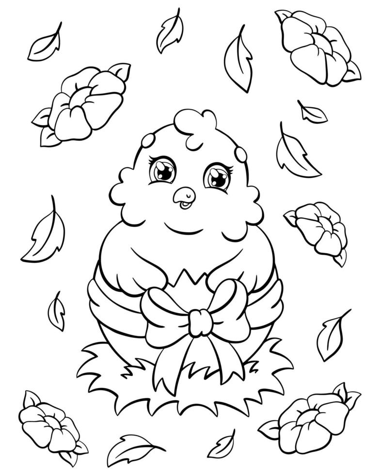 pagina del libro da colorare per bambini. pollo carino. tema pasquale. personaggio in stile cartone animato. illustrazione vettoriale isolato su sfondo bianco.