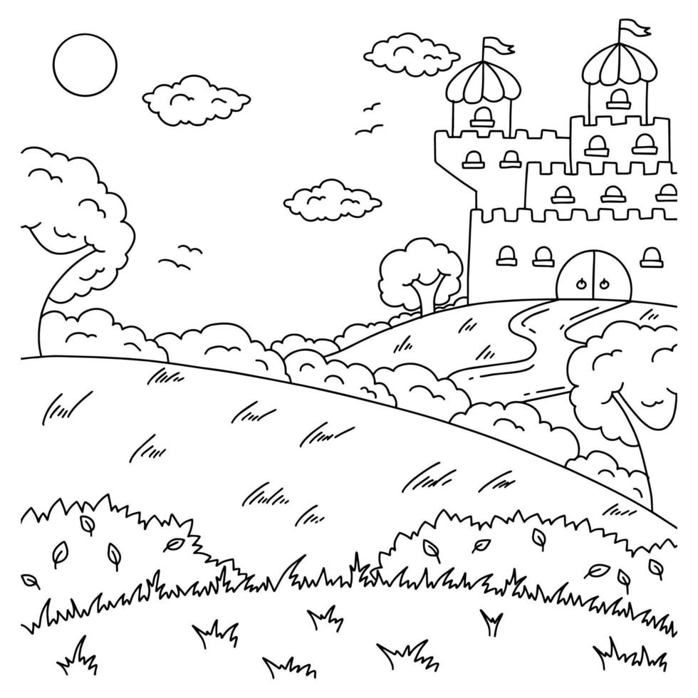 meraviglioso paesaggio naturale. pagina del libro da colorare per bambini. stile cartone animato. illustrazione vettoriale isolato su sfondo bianco.