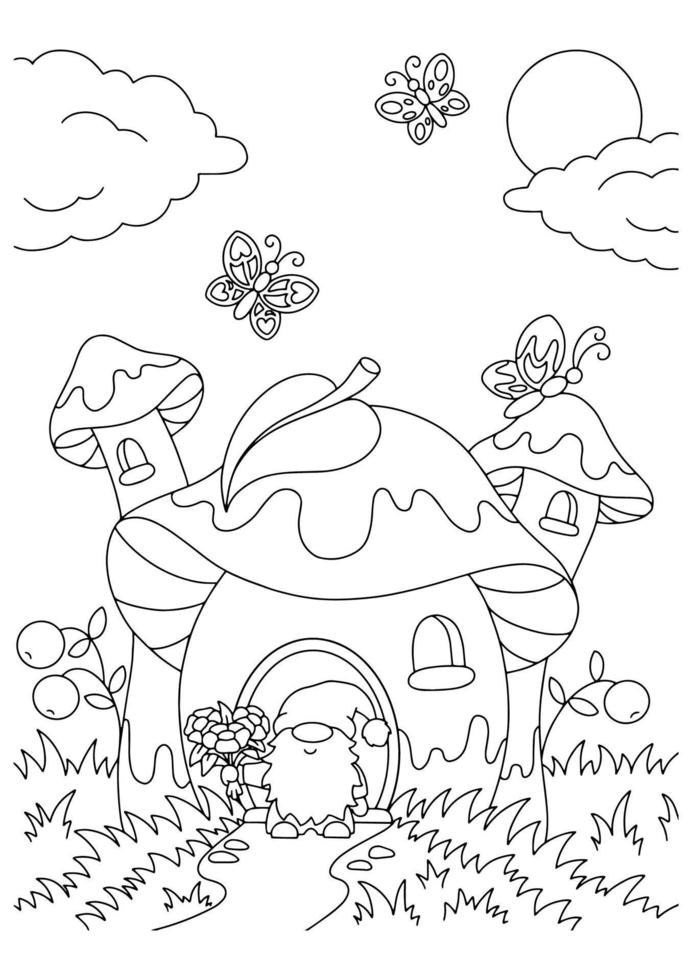 pagina del libro da colorare per bambini. personaggio in stile cartone animato. casa dei funghi e gnomo da giardino. illustrazione vettoriale isolato su sfondo bianco.