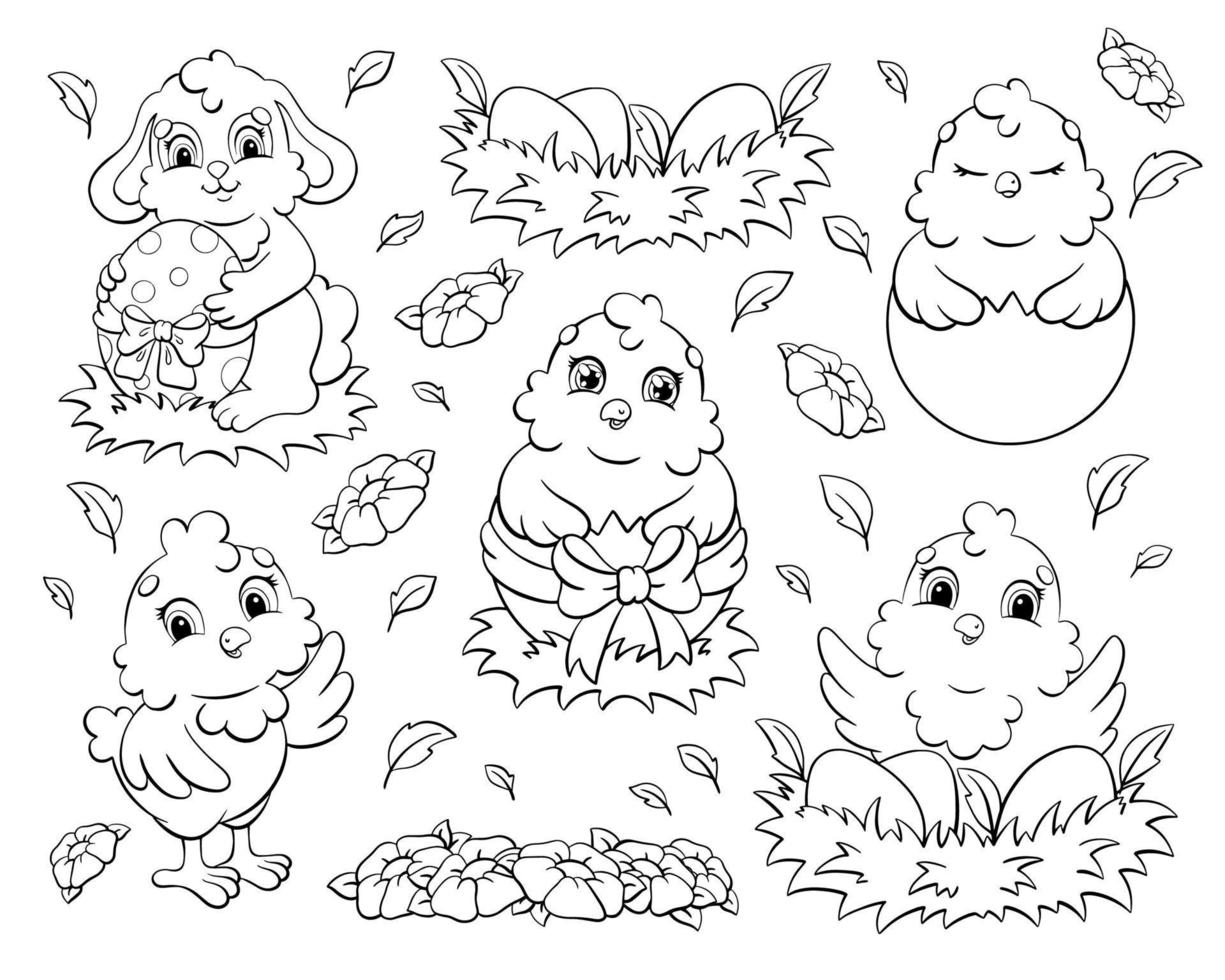 pagina del libro da colorare per bambini. set di simpatici polli e conigli. tema pasquale. personaggio in stile cartone animato. illustrazione vettoriale isolato su sfondo bianco.