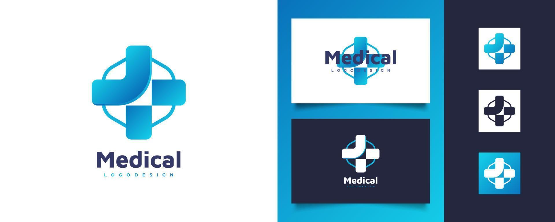 logo della croce blu per l'identità del logo di ospedale, farmacia, farmacia o clinica. croce con logo a forma esagonale per il settore sanitario vettore