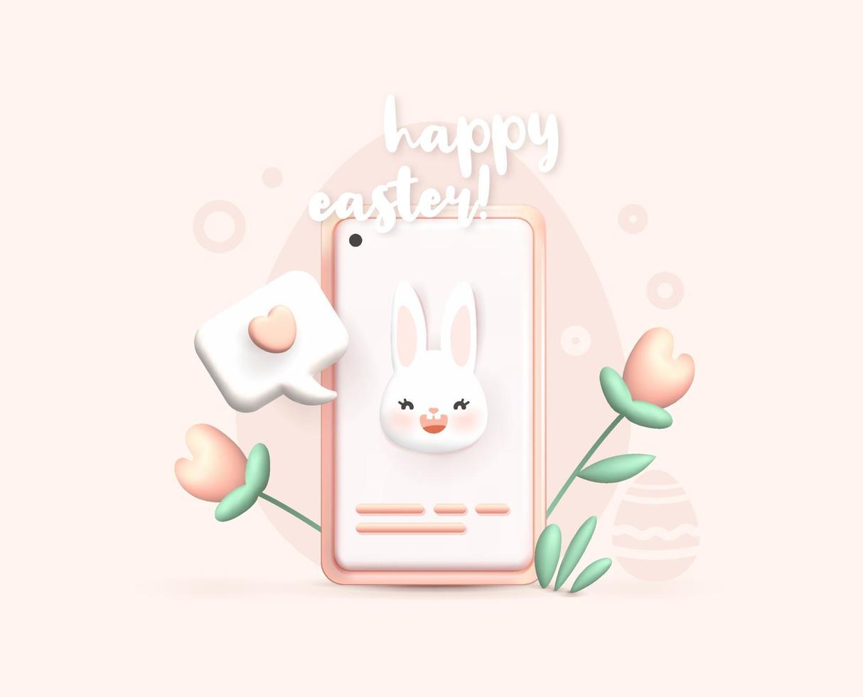 buona pasqua 3d design. smartphone rosa realistico con faccia da coniglio, messaggio e fiori. biglietto di auguri, banner, design per le vacanze. illustrazione vettoriale