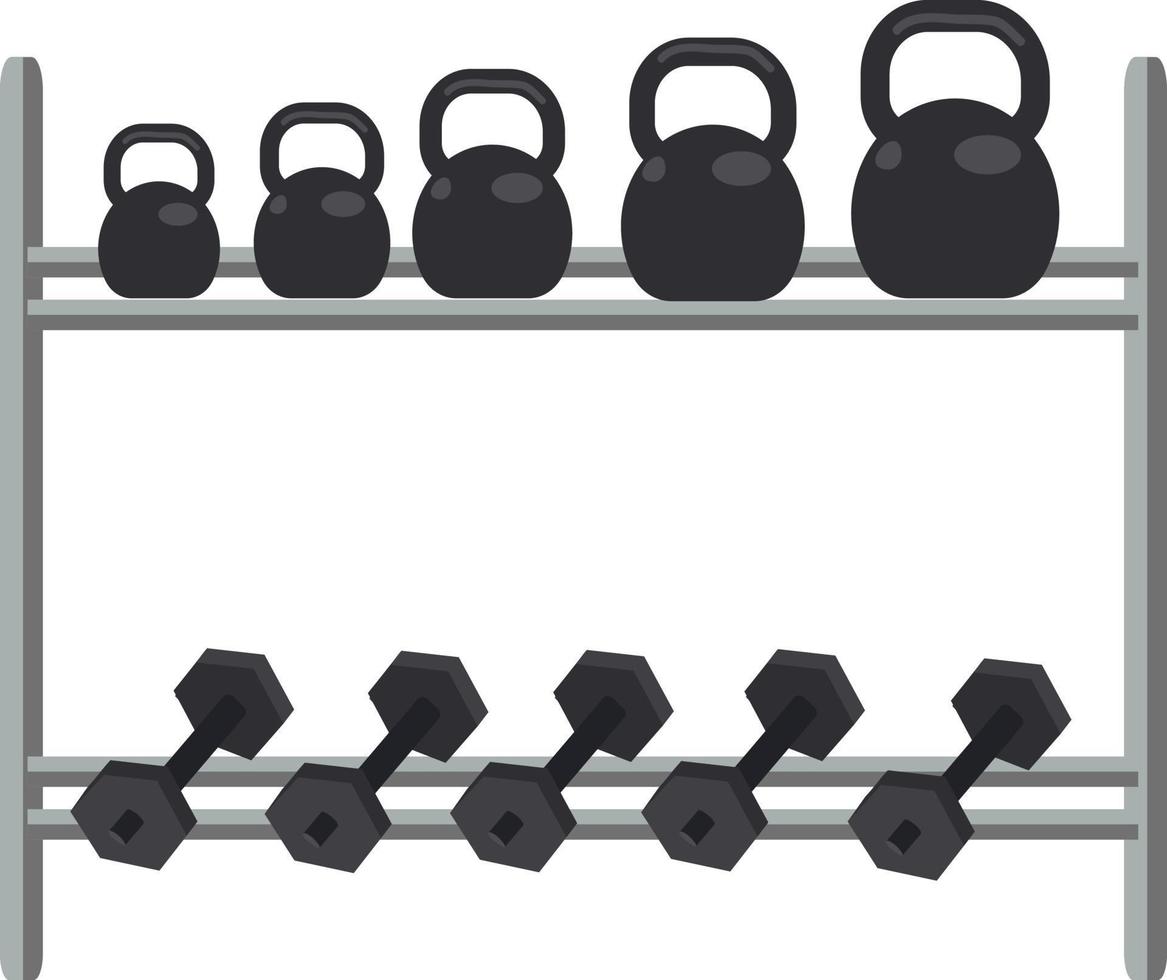 scaffali con manubri e kettlebell oggetto vettore colore semi piatto