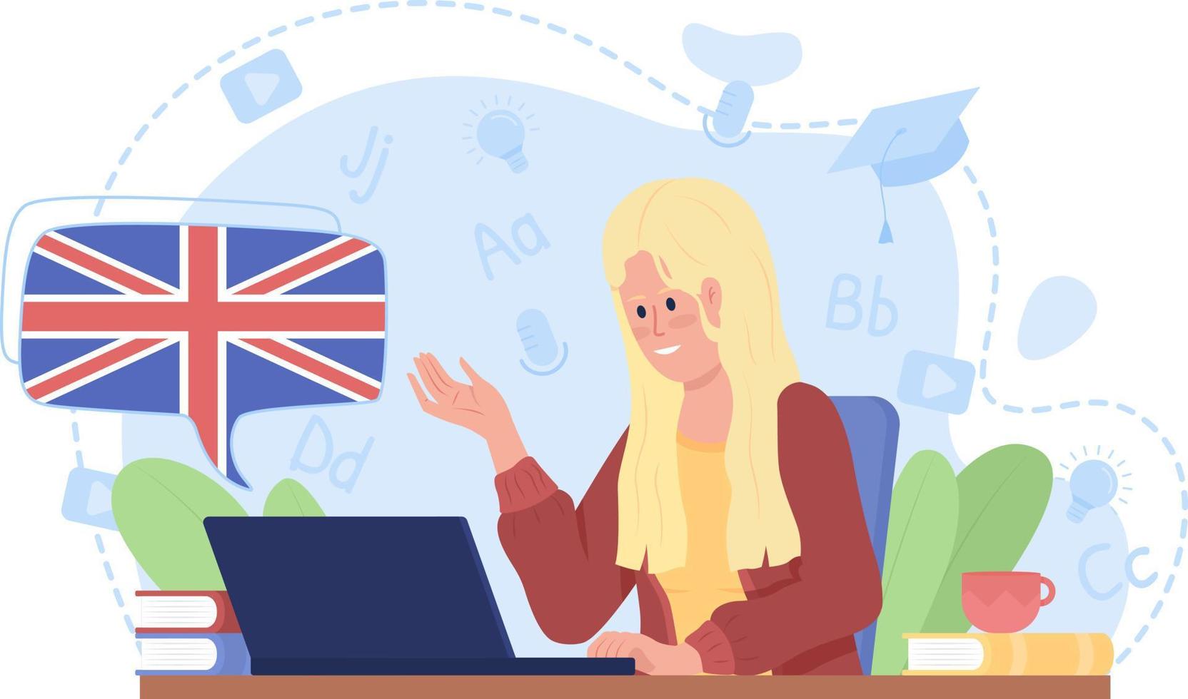 illustrazione isolata del vettore 2d del corso di lingua inglese online