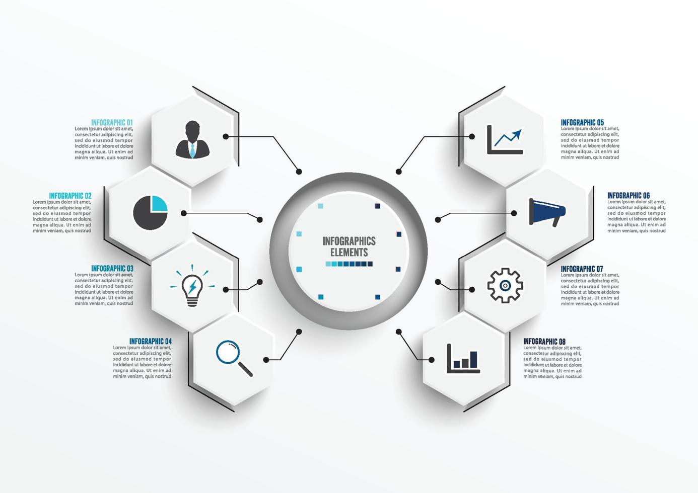 modello di infografica vettoriale con etichetta di carta 3d, cerchi integrati. concetto di affari con 8 opzioni. per contenuto, diagramma, diagramma di flusso, passaggi, parti, infografiche della sequenza temporale, flusso di lavoro, grafico.