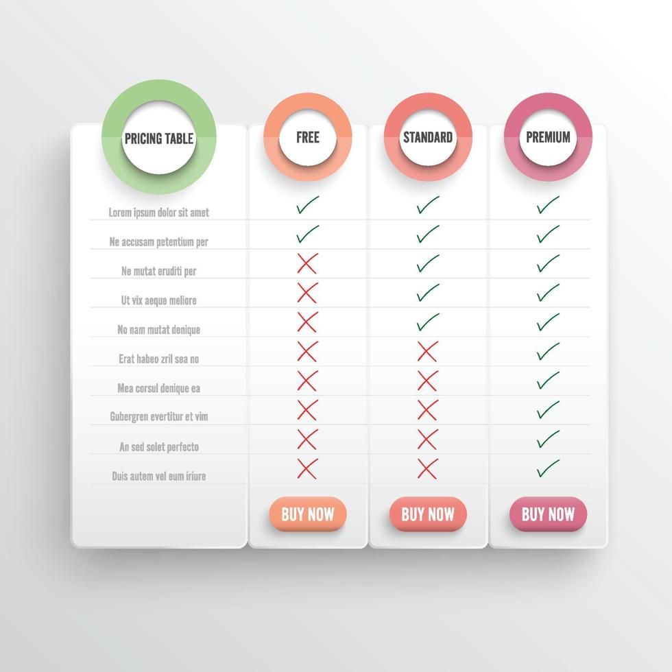 listino comparativo. confronto del prezzo o del piano del prodotto confrontare i prodotti sconto acquisto aziendale griglia immagine hosting. tabella dei costi dei servizi modello di infografica vettoriale di pianificazione del menu illimitato.