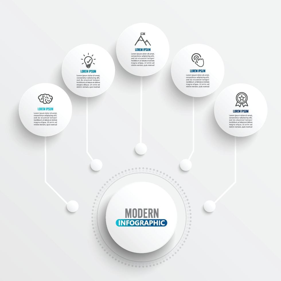 modello di infografica vettoriale con etichetta di carta 3d, cerchi integrati. concetto di business con cinque opzioni. per contenuto, diagramma, diagramma di flusso, passaggi, parti, infografica timeline, layout del flusso di lavoro, grafico.