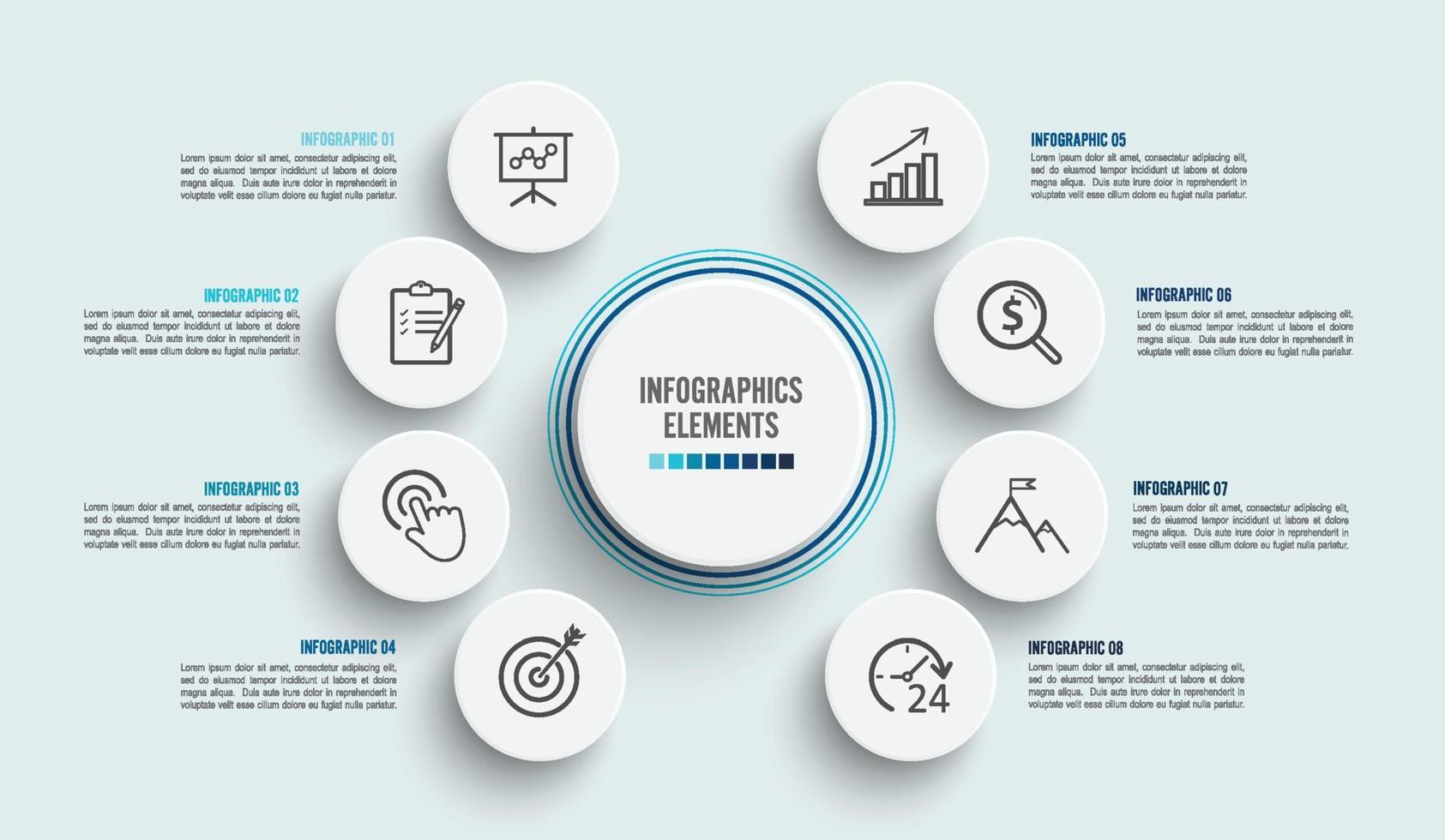 modello di infografica vettoriale con etichetta di carta 3d, cerchi integrati. concetto di affari con 8 opzioni. per contenuto, diagramma, diagramma di flusso, passaggi, parti, infografiche della sequenza temporale, flusso di lavoro, grafico.