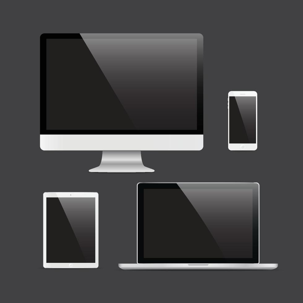 set di monitor per computer realistico, laptop, tablet e telefono cellulare con isolato su schermo trasparente. vari gadget elettronici moderni sullo sfondo. illustrazione vettoriale eps10