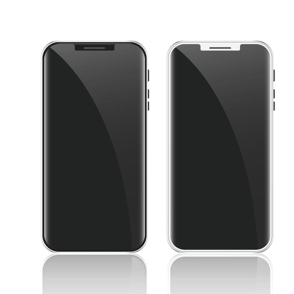 mockup di smartphone bianco e nero con schermo nero. design contemporaneo. telefono cellulare, set di modelli di smartphone. illustrazione vettoriale moderno design piatto isolato su sfondo bianco