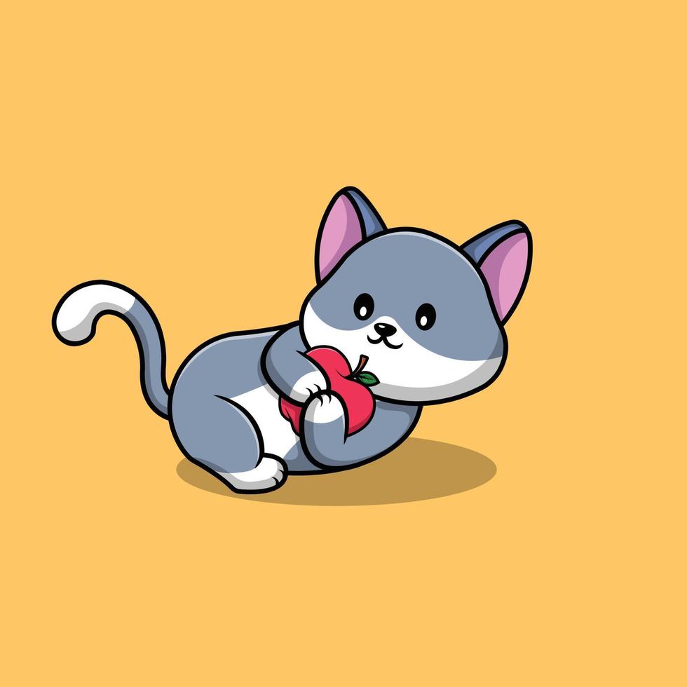 illustrazione dell'icona di vettore del fumetto della mela della holding del gatto sveglio. concetto di icona di cibo per animali isolato vettore premium.