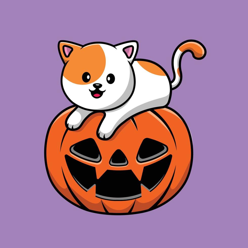 carino gatto sulla zucca halloween cartone animato icona vettore illustrazione. vettore premium isolato concetto di icona di halloween animale.