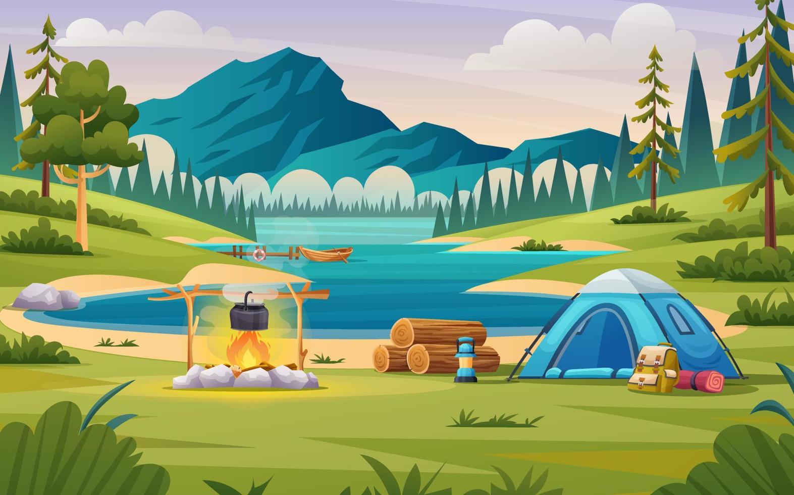 concetto di campo estivo con illustrazione del paesaggio di montagna e lago vettore