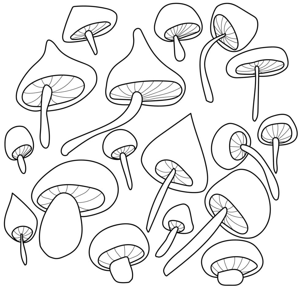 set di funghi scarabocchi di varie forme e dimensioni, elementi naturali, illustrazione del contorno vettoriale