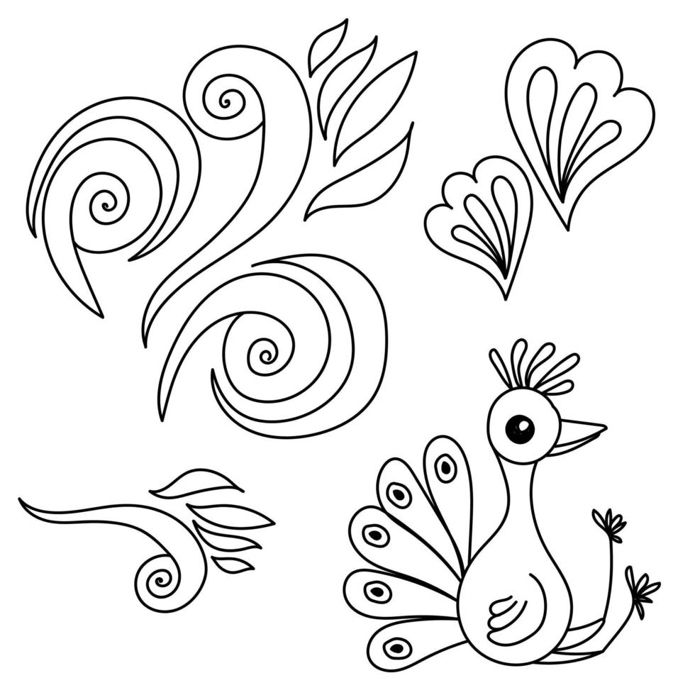 doodle pavone e elementi a spirale, illustrazione vettoriale di contorno per il design