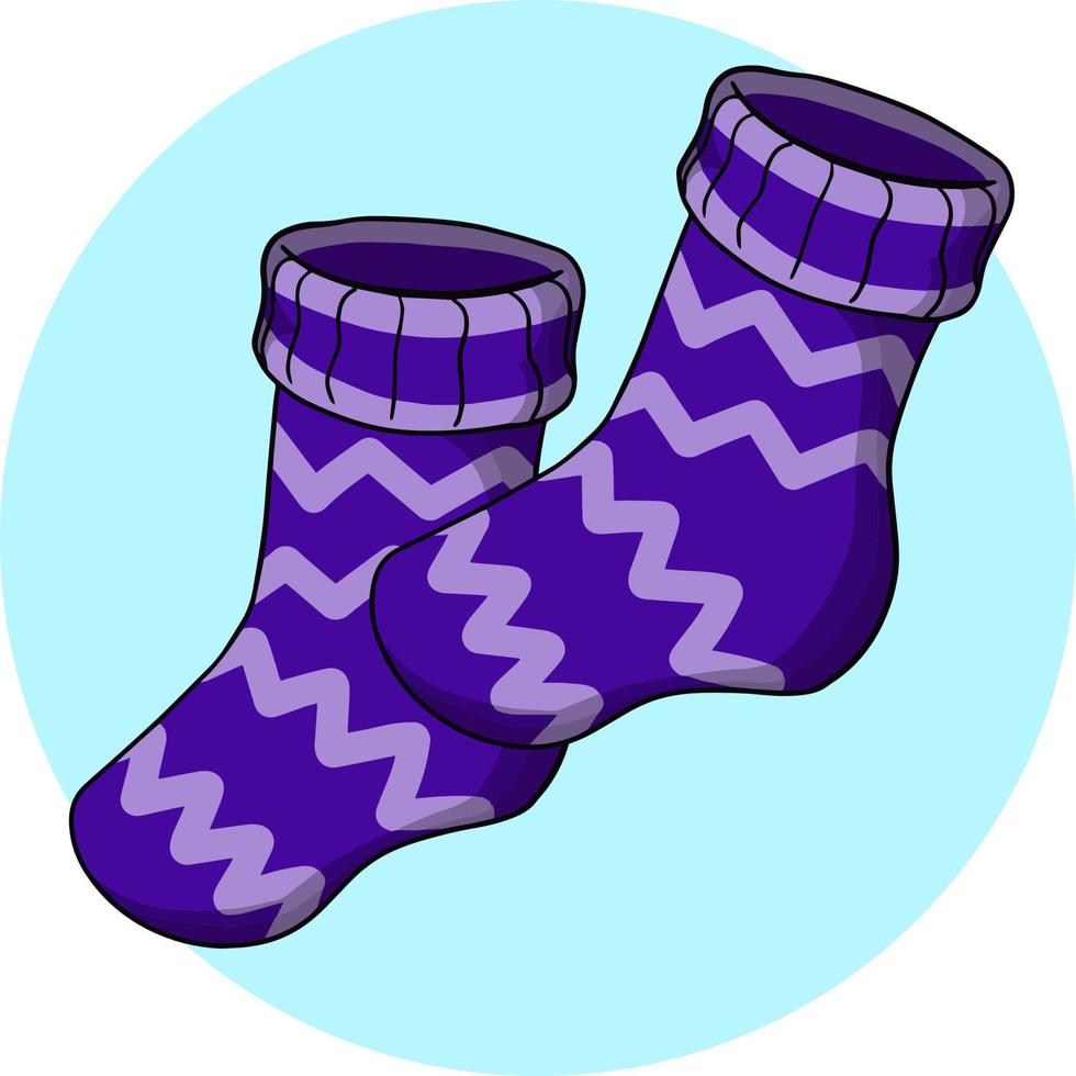 un set di calzini morbidi caldi viola brillante per l'inverno con un motivo a zig-zag. illustrazione vettoriale su sfondo blu rotondo, distintivo, emblema, carta