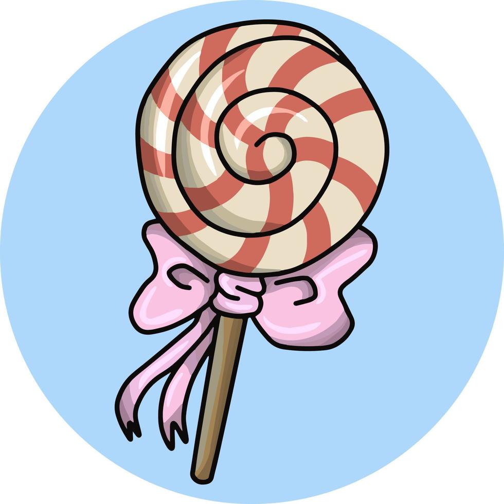 deliziose caramelle a strisce rotonde, lecca-lecca, dessert dolce, illustrazione vettoriale su sfondo blu rotondo, icona, logo