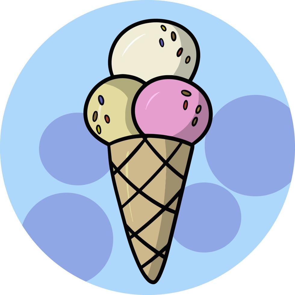 dessert freddo dolce, gelato alla vaniglia e alla frutta in una tazza di cialda, cono, illustrazione vettoriale cartone animato su sfondo blu rotondo