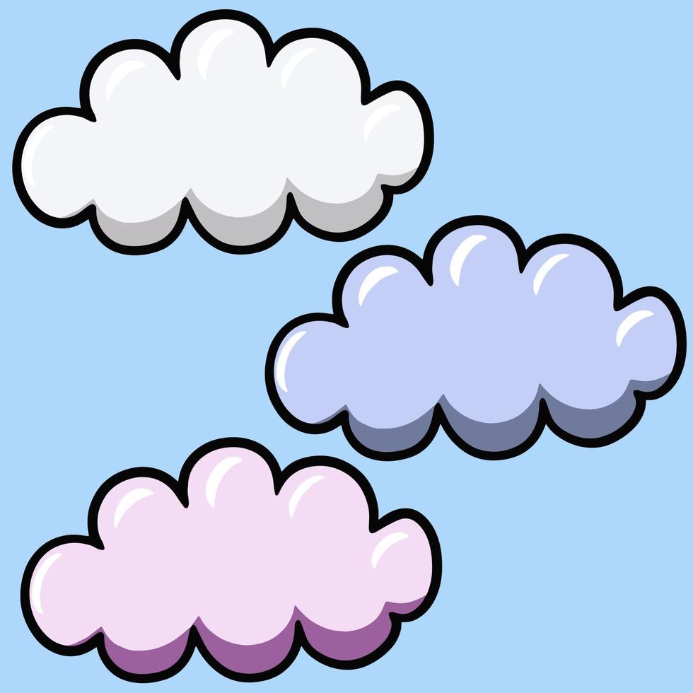 un insieme di nuvole luminose multicolori, tempo nuvoloso, illustrazioni vettoriali su sfondo azzurro per indicare il tempo