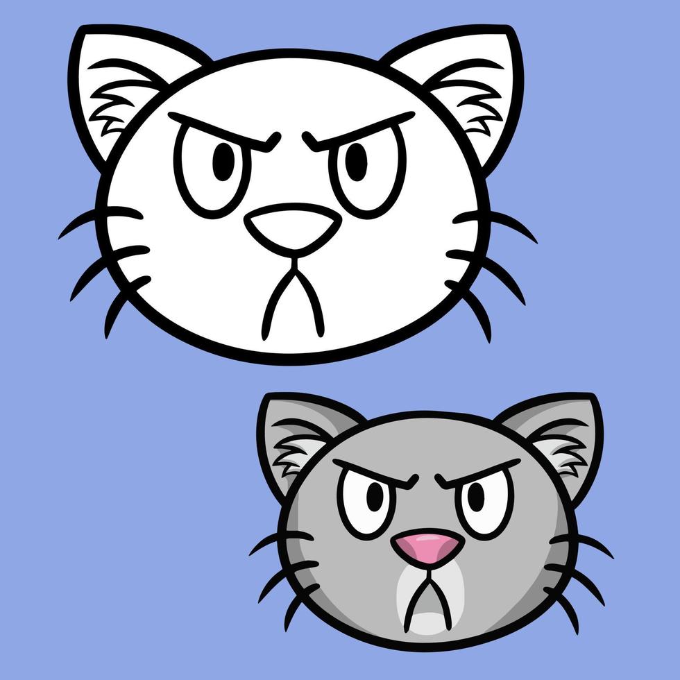 una serie di immagini a colori e schizzi. gatto grigio arrabbiato, faccia di gatto, immagine vettoriale cartone animato su sfondo scuro