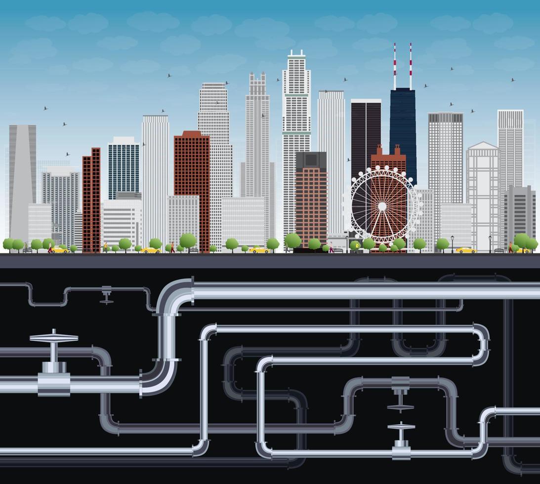 grande città immaginaria con grattacieli, cielo blu, alberi e tubi vettore