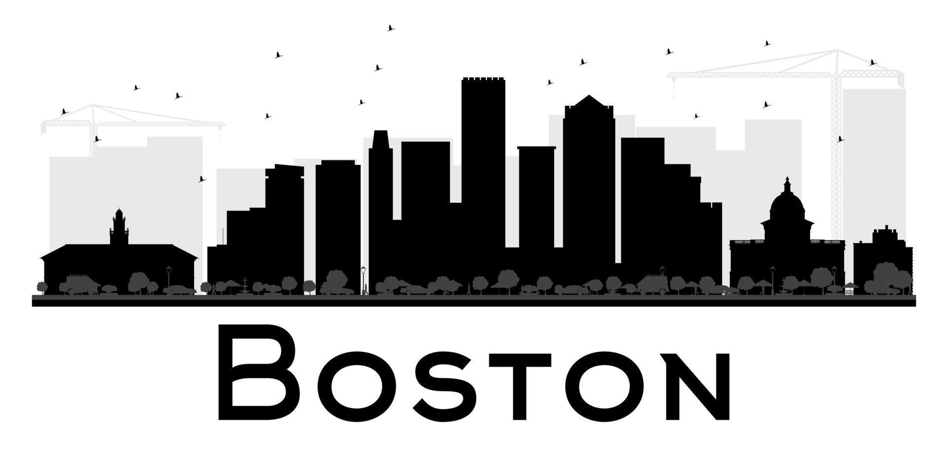 silhouette in bianco e nero dell'orizzonte della città di boston. vettore