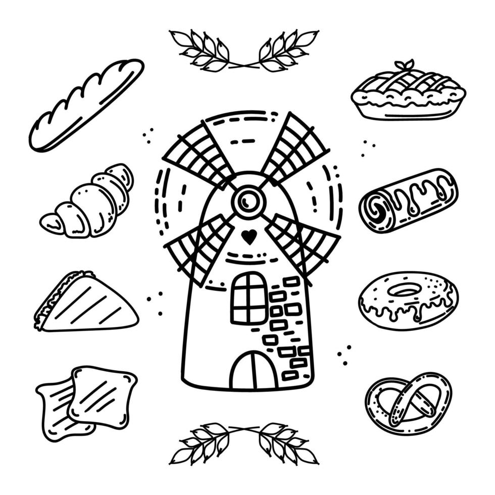 set di prodotti da forno, elementi disegnati a mano in stile doodle. mulino per macinare il grano. prodotti farinacei pane, bagel, croissant e sandwich. spiga di grano. semplice stile vettoriale lineare per loghi, icone