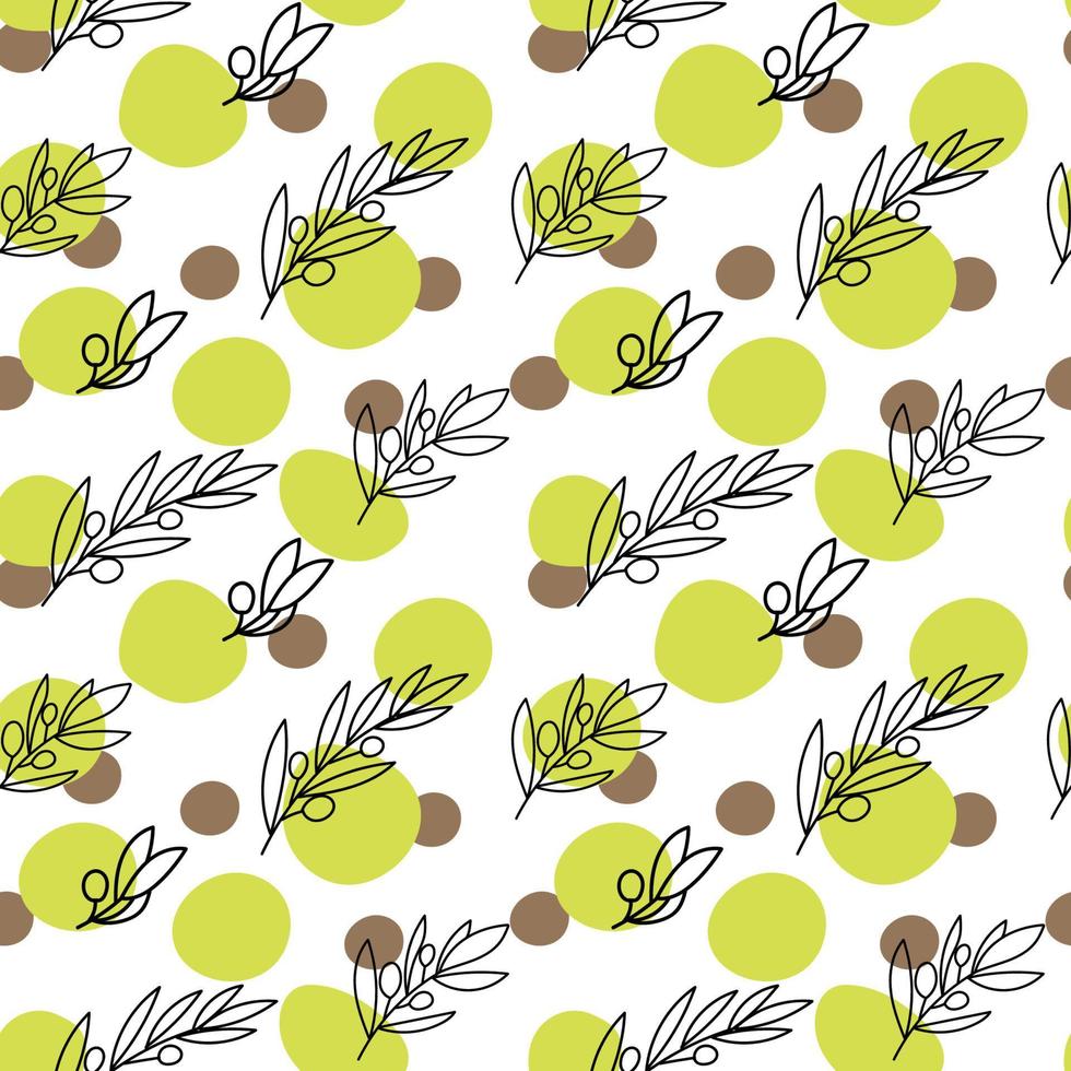 un modello senza cuciture di rametti di oliva, elementi di doodle disegnati in stile schizzo. oliva con bacche e macchie astratte su sfondo bianco. olive vettore