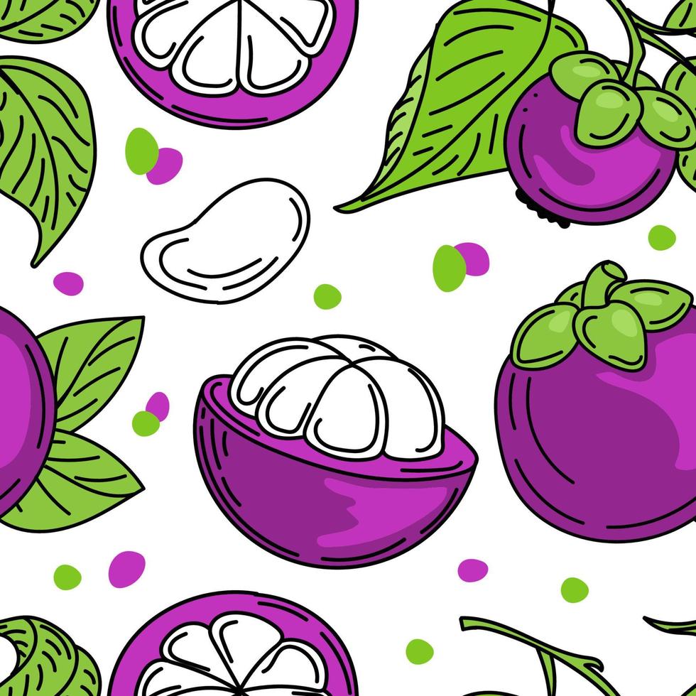 un modello senza cuciture di frutti e foglie di mangostano luminosi, schizzi disegnati a mano con elementi doodle. frutta esotica. Tailandia. illustrazione vettoriale