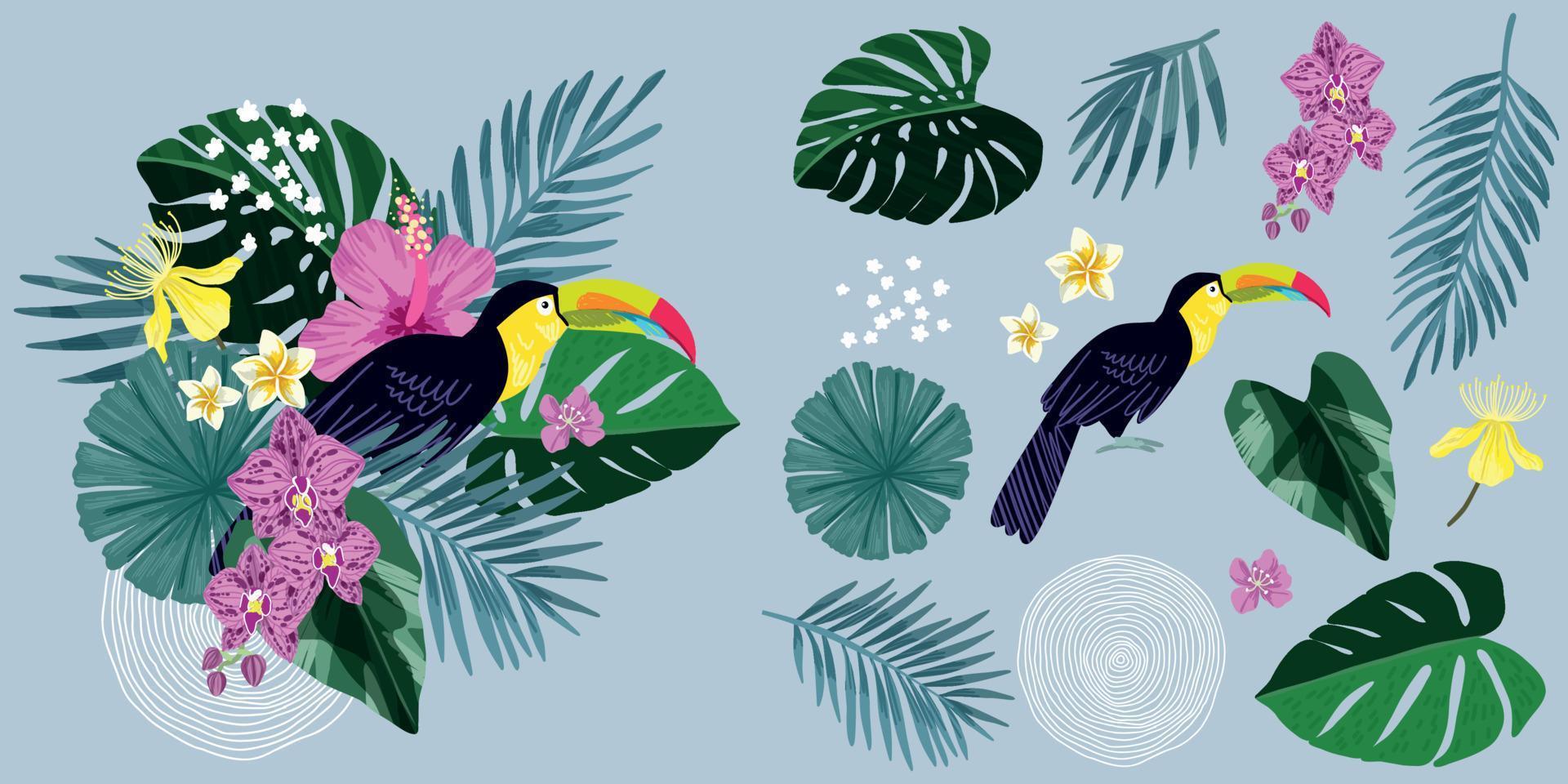 composizione tropicale con tucano e foglie e fiori tropicali vettore