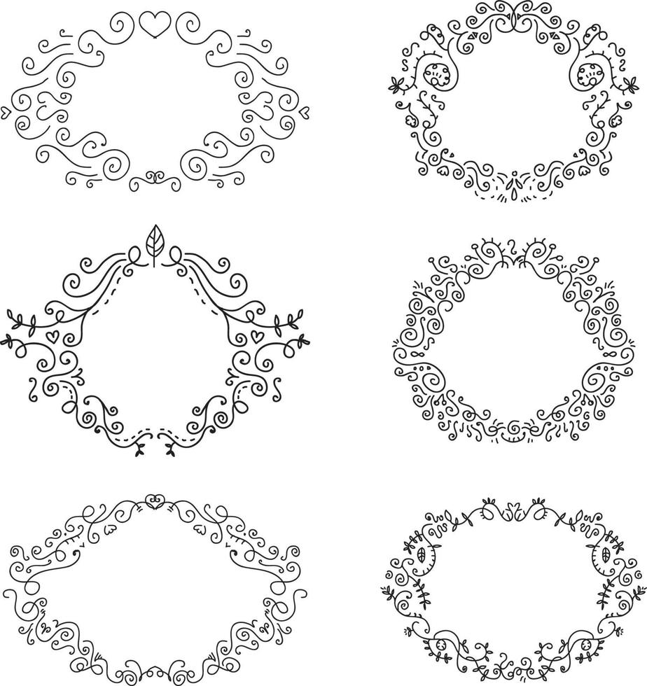 set di cornici vintage nere floreali disegnate a mano doodle vettoriali