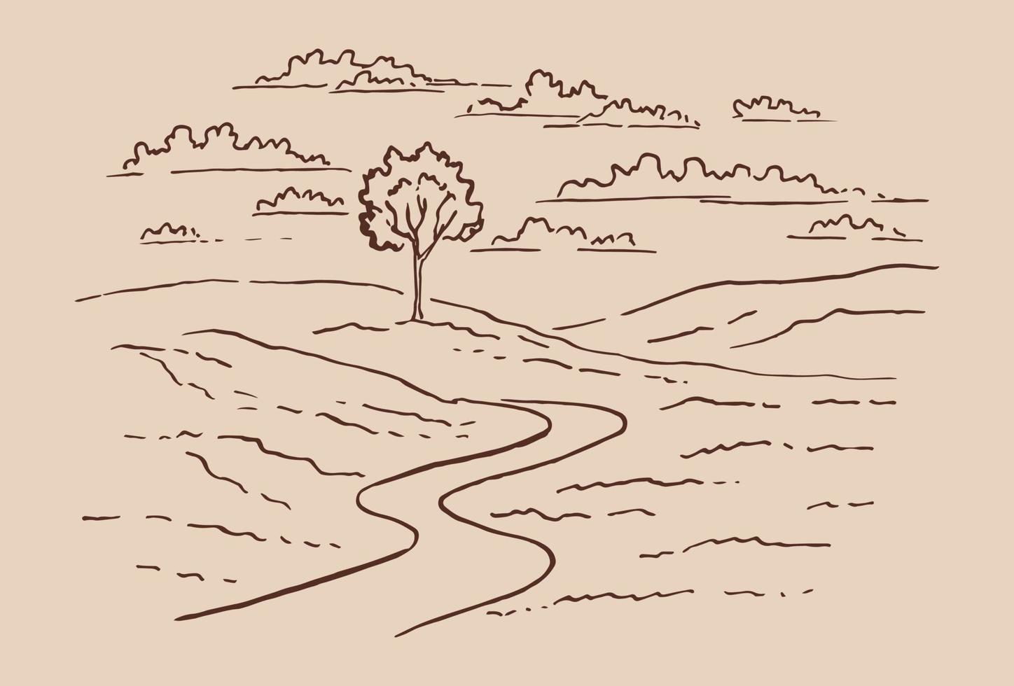 paesaggio rurale con strada e albero. illustrazione disegnata a mano convertita in vettore. vettore