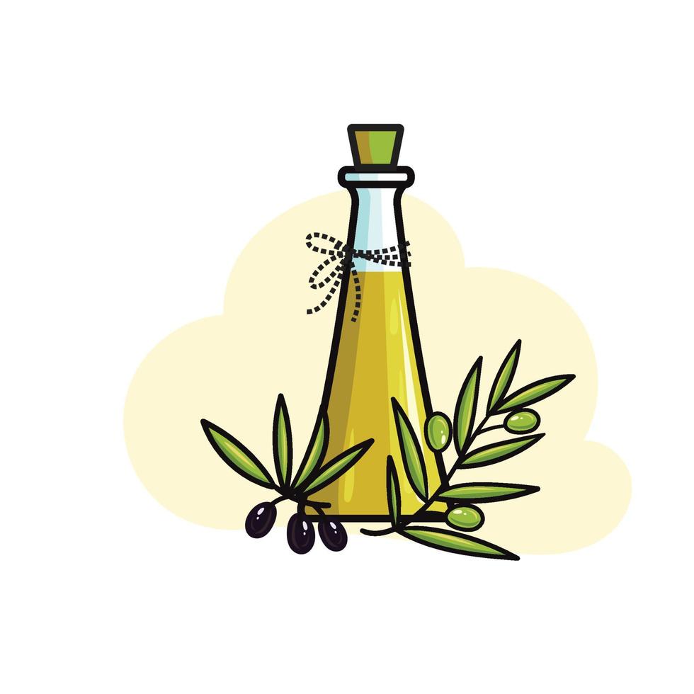 bottiglia di vetro di olio d'oliva e olive con foglie vettore