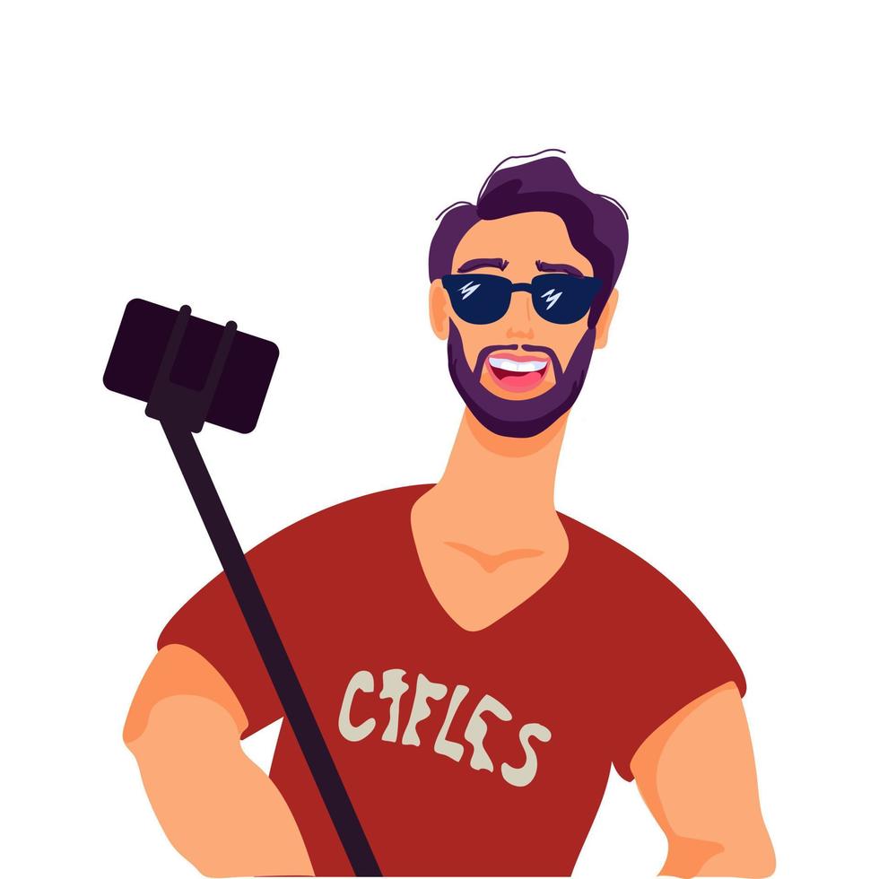 uomo hipster che prende selfie utilizzando uno smartphone e un selfie stick illustrazione vettoriale piatta isolata su sfondo bianco. stile di vita e tecnologia di comunicazione del telefono cellulare.